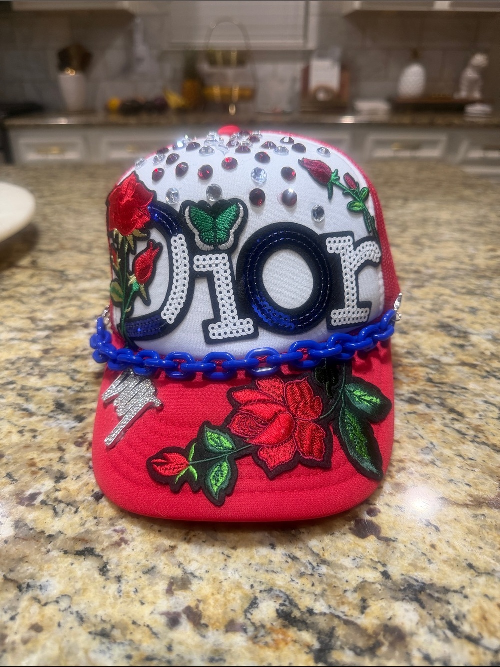 Red & White Embellished Floral Cap with Chain